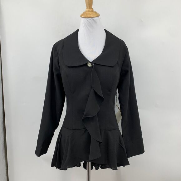 LT LanTing Bride Blazer Womens 6 Black Cascading Ruffle Front Peplum Hem Padded - Picture 2 of 15